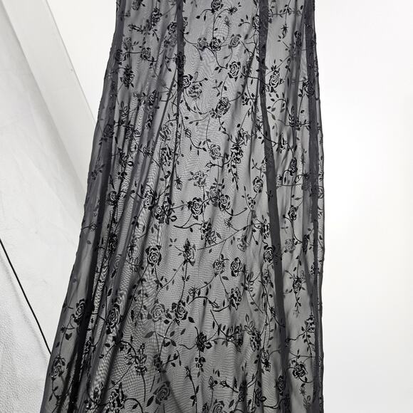 Vintage y2k Dress Black Velvet Glitter Sheer Floral Embroidered Maxi Size 8P - Picture 3 of 6